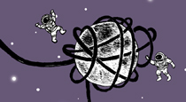 Illustration of astronauts floating around moon covered with black lines